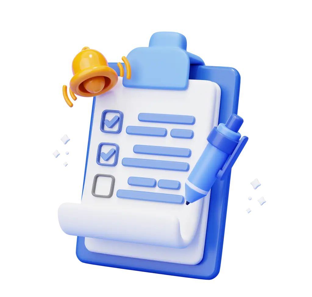 clipboard with pen and bell notification checklist form report checkbox business 3d background illustration